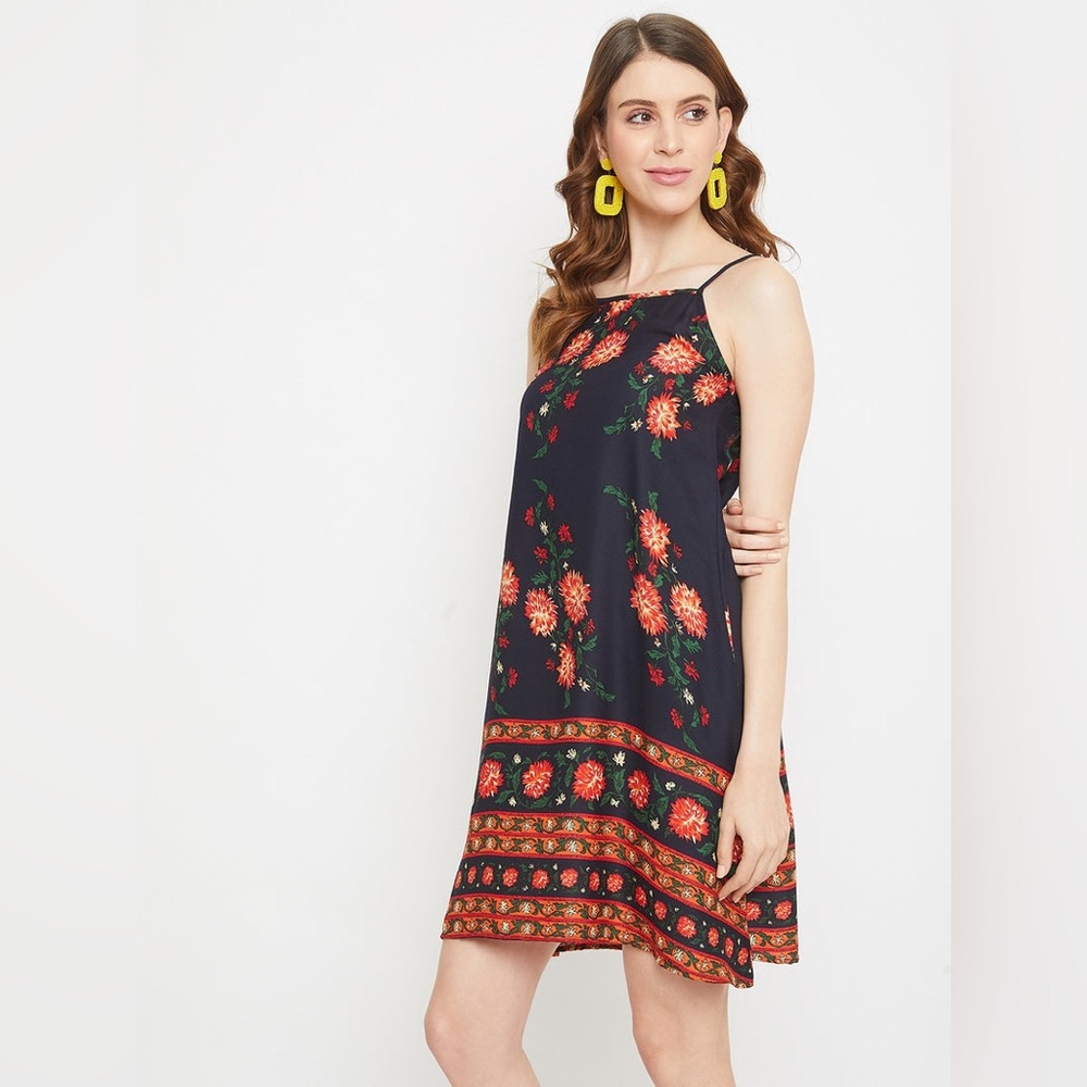 Women’s Navy Blue Orange Floral Bohemian Boho‎ Midi Dress Size Large